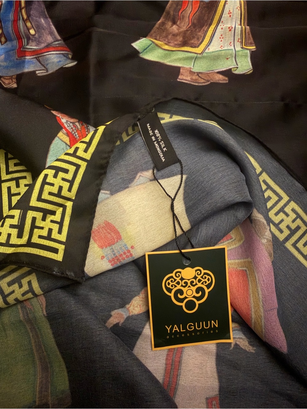 Yalguun Black Multi Silk Scarf Wrap with Traditional Motifs